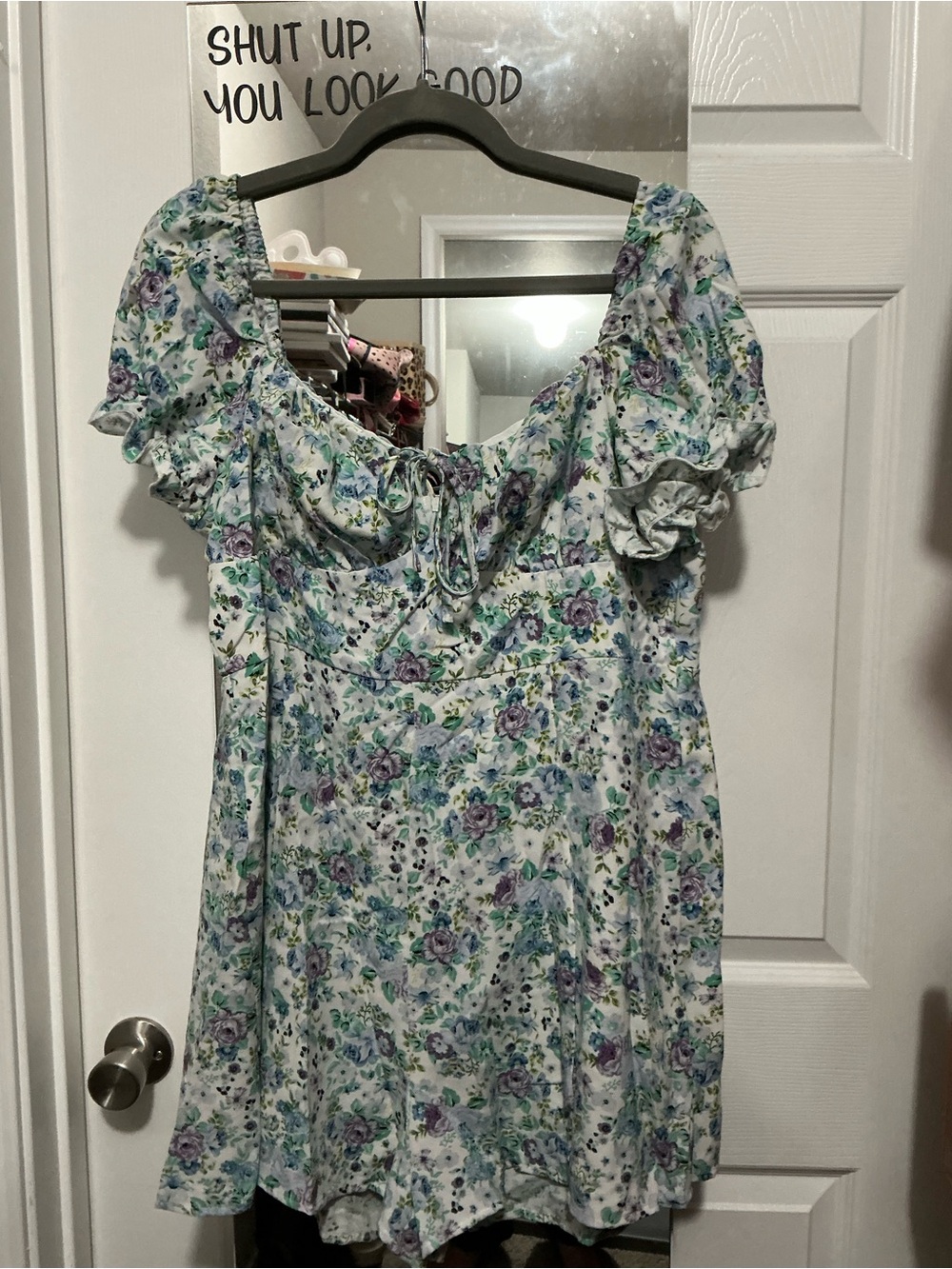 Boohoo White Floral Tie-Front Sundress with Lavender and Green Accents